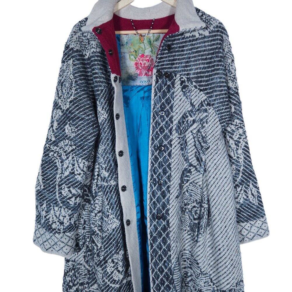 IVKO Womens Coat EU 36 Gray Floral Geometric Button Up Removable Shawl Pockets - Picture 3 of 15